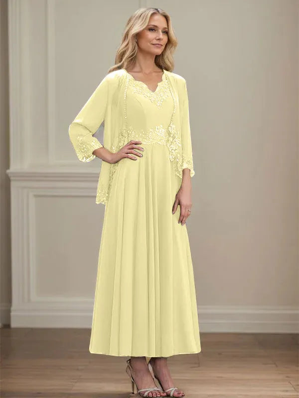 A-line V-Neck Ankle-Length Chiffon Mother of the Bride Dress With Sequins Appliques Lace Beading