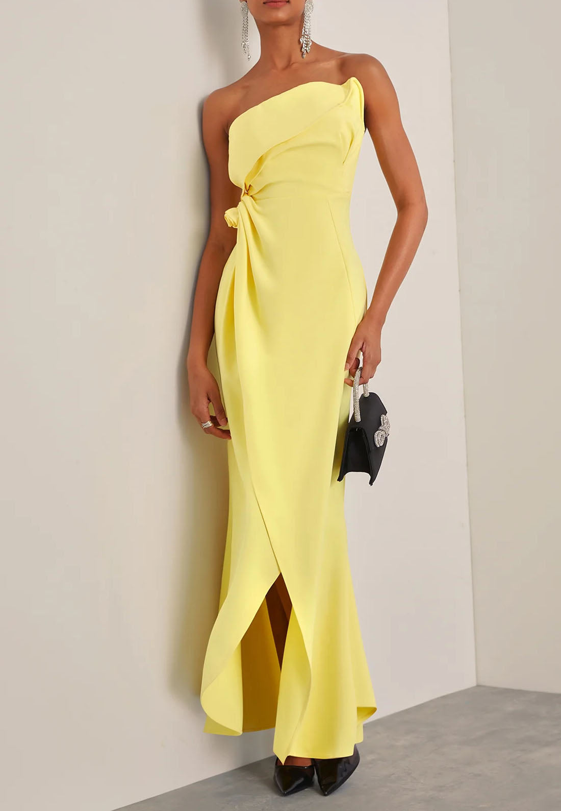 Yellow 3D Floral Ruched Strapless Sheath Gown