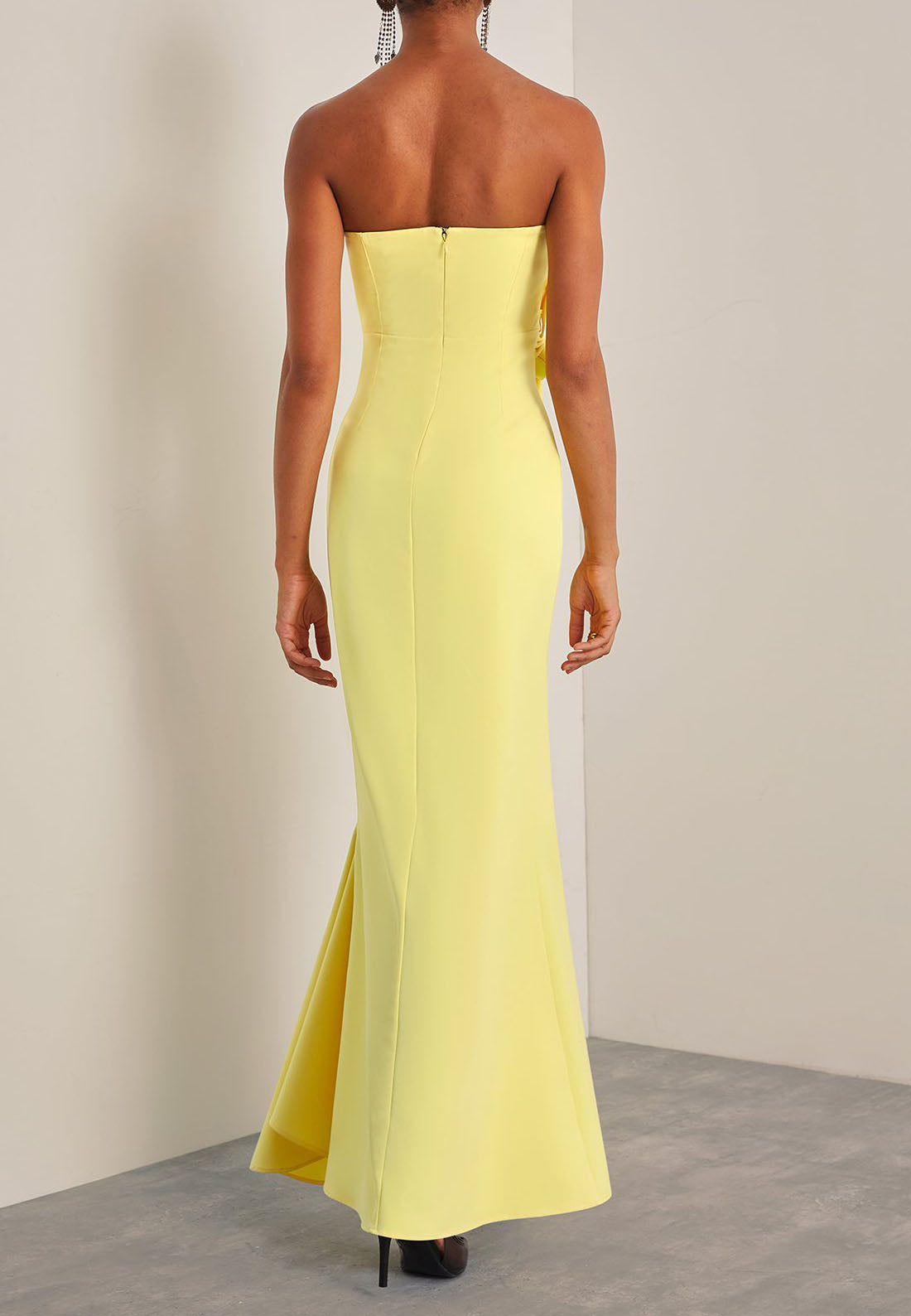 Yellow 3D Floral Ruched Strapless Sheath Gown