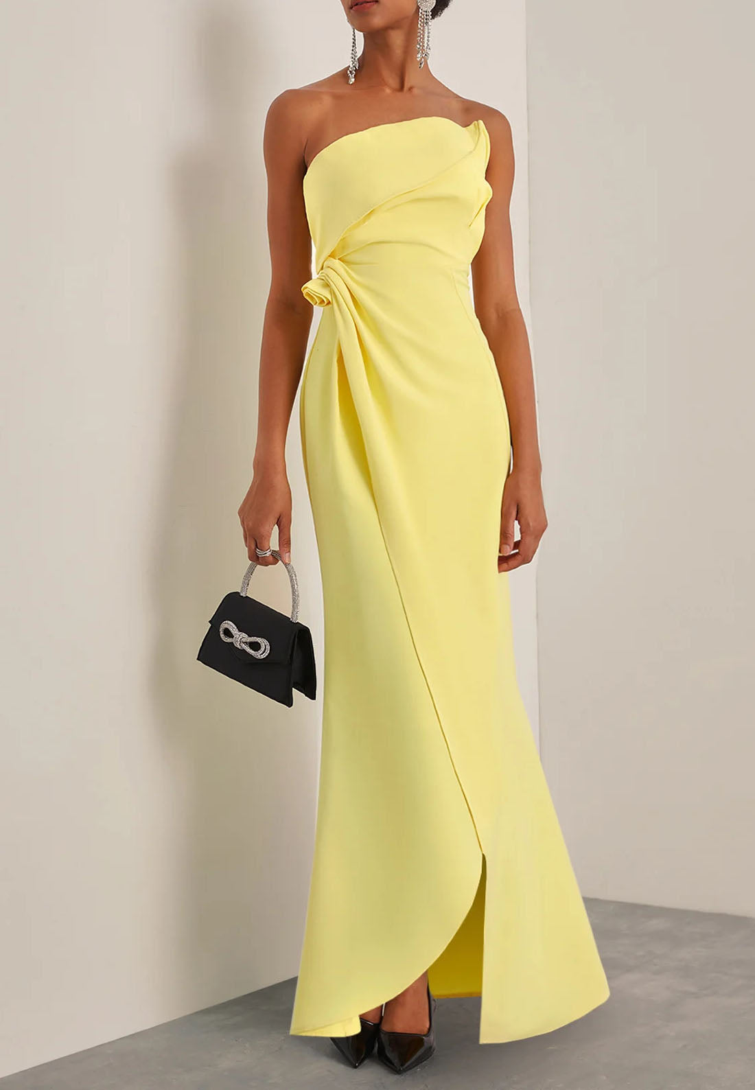 Yellow 3D Floral Ruched Strapless Sheath Gown