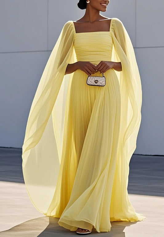 Yellow Pleated Chiffon Dress Square Neck Long Sleeve A-Line Gown