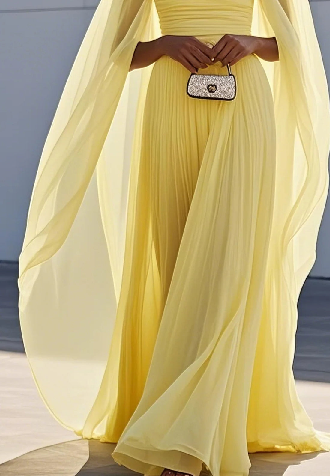 Yellow Pleated Chiffon Dress Square Neck Long Sleeve A-Line Gown