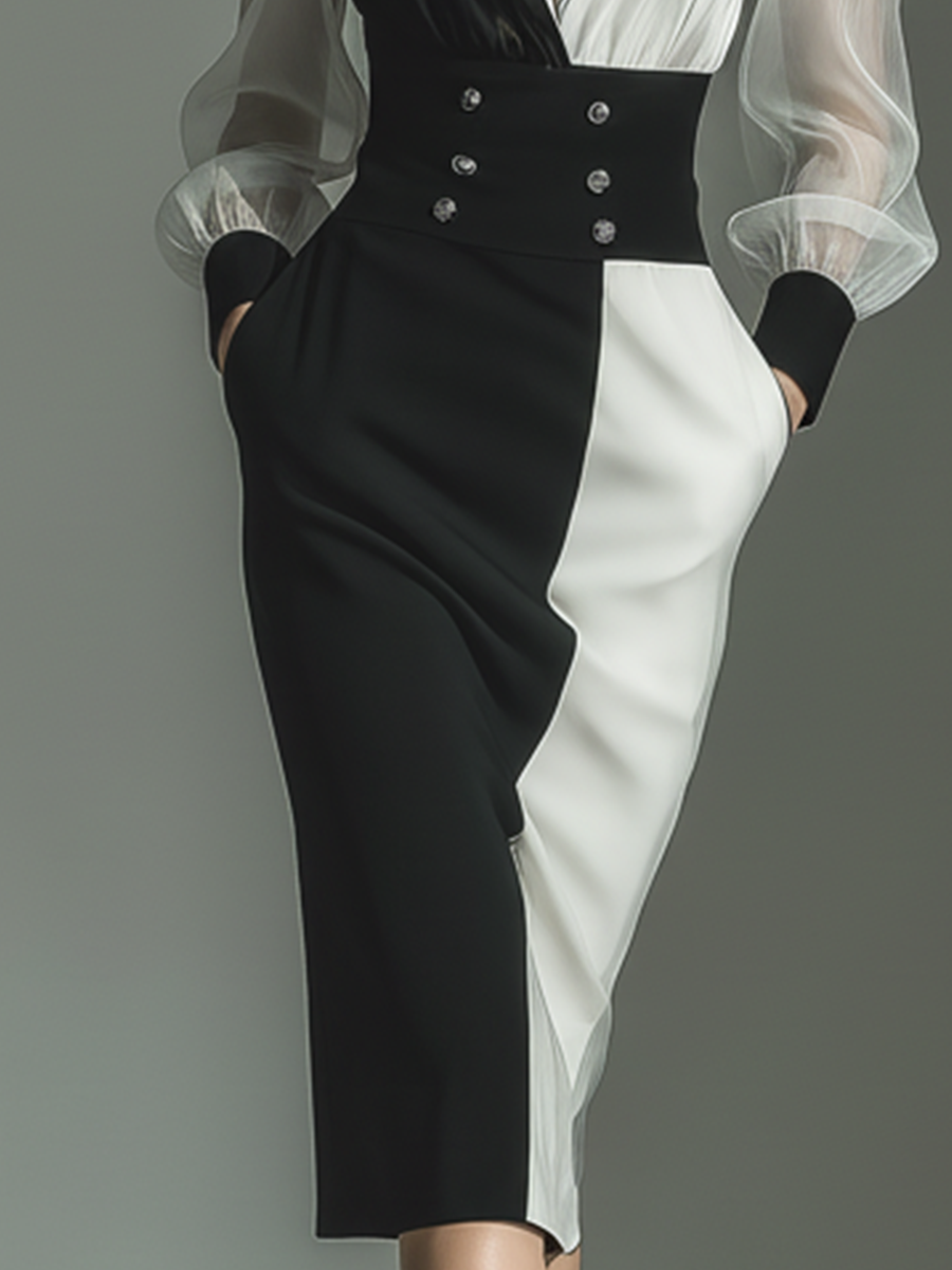 Women's Black And White Structured Fabric Contrast Puff-Sleeve Pencil Midi Dress