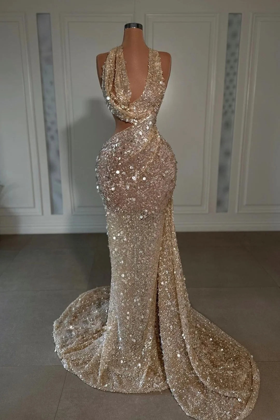 Sequins Evening Dress V Neck Sleeveless Hatler Sexy Long