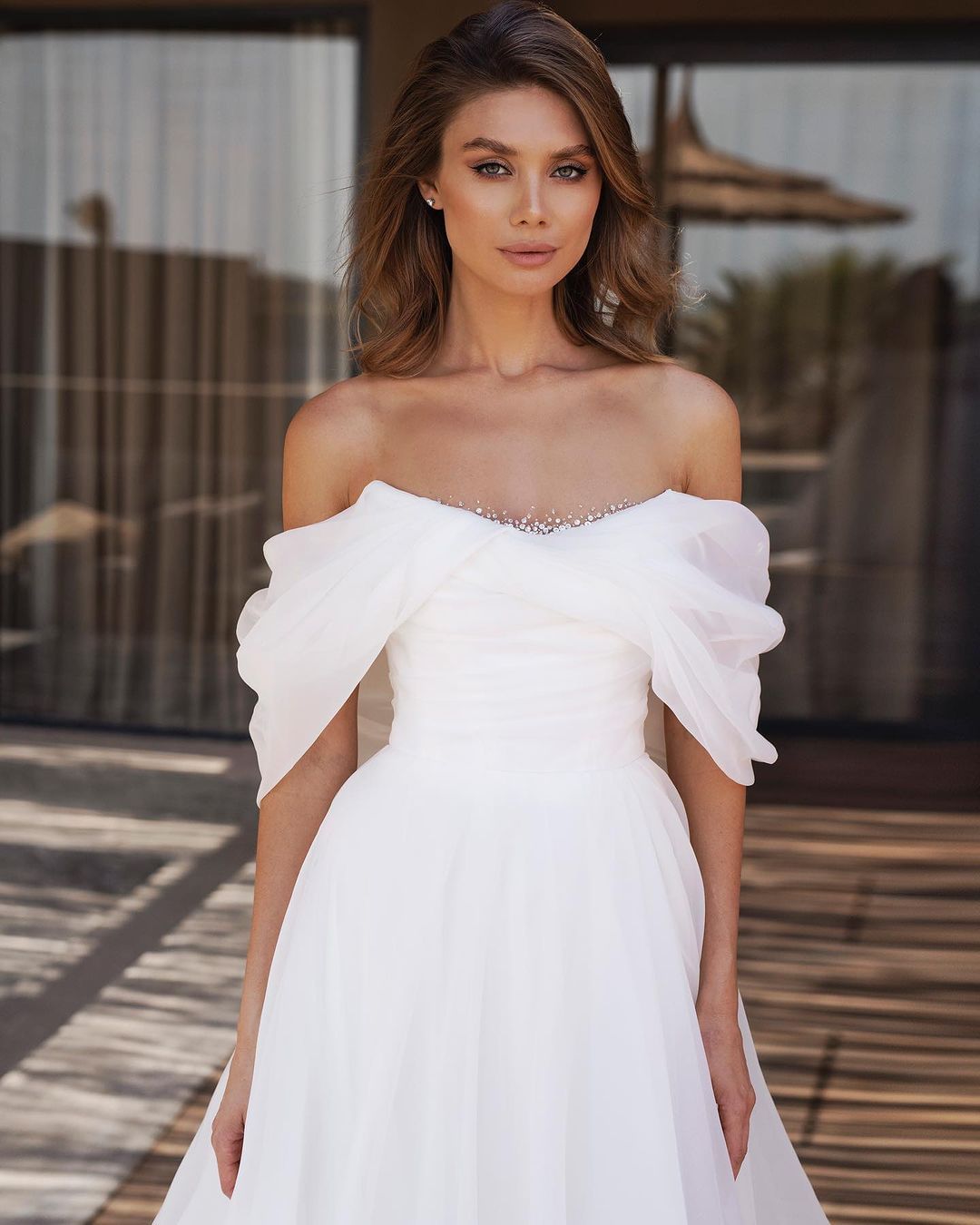 White Off the Shoulder Strapless Sleeveless A Line Wedding Dress With High Split