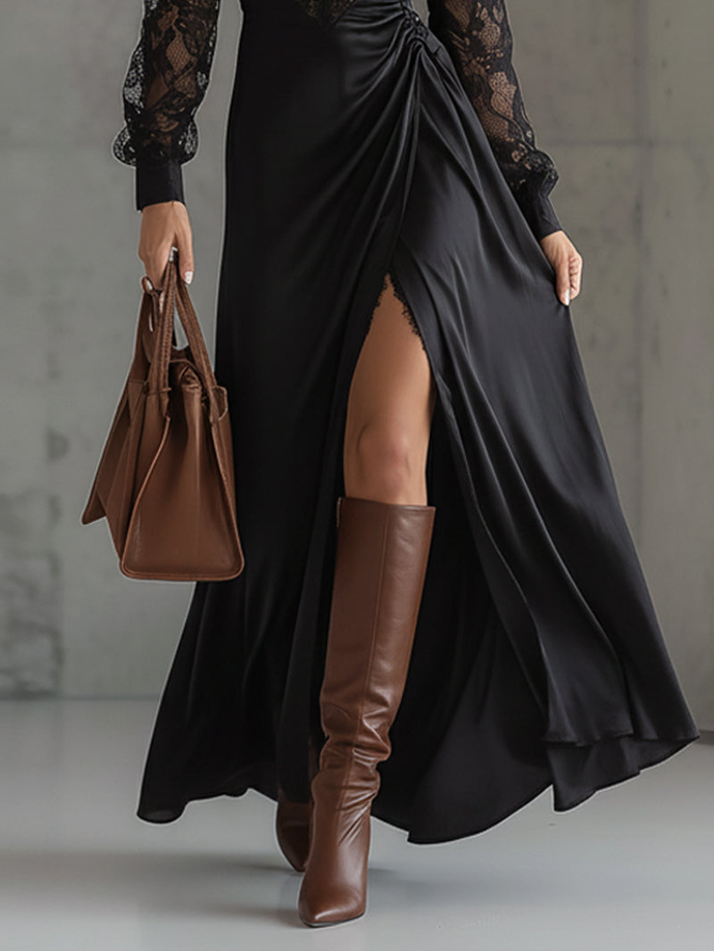 Black Lace And Satin Draped Long Sleeve Maxi Dress