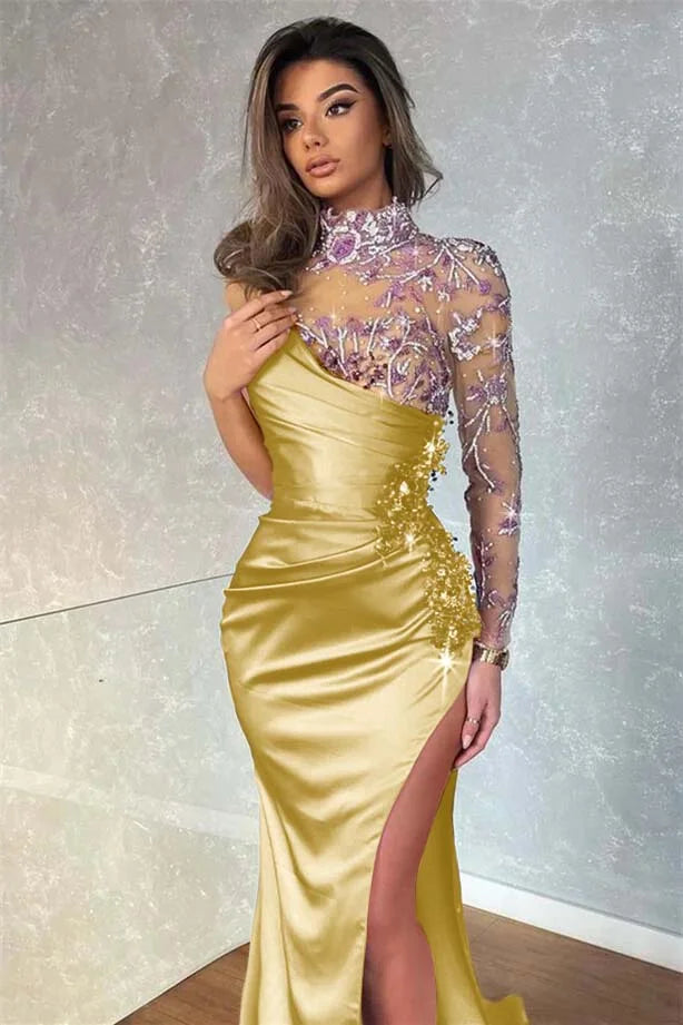 Dark Purple Split Appliques Mermaid High Collar Evening Dress With Beadings