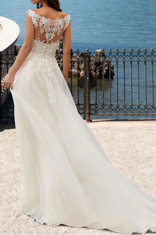 Beach Wedding Dress Palace Train Lace Applique A-line V-neck Summer Bridal Dress