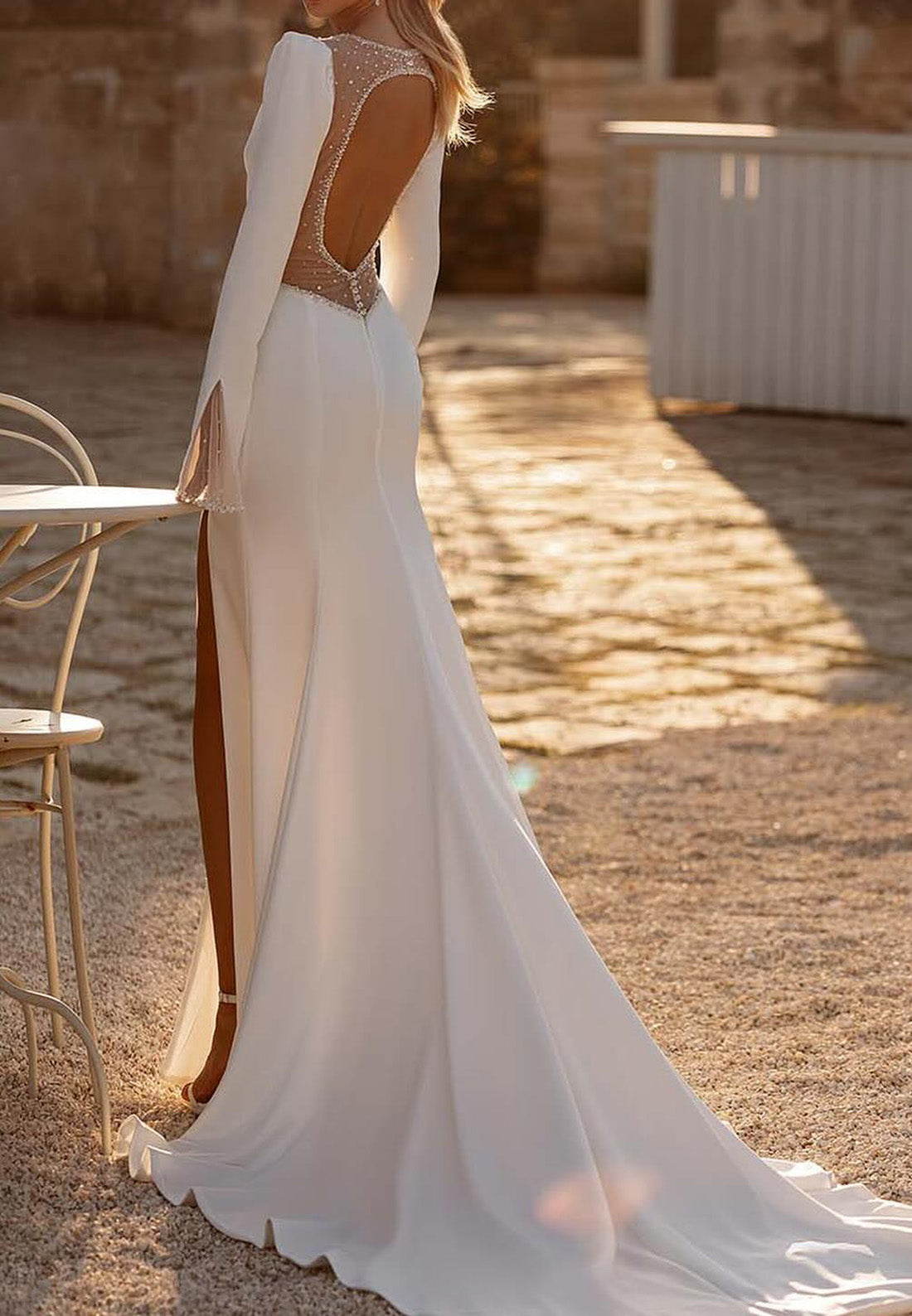 V-Neck Long Sleeves Pleated Side Slit Backless Sheath Beach Wedding Dress