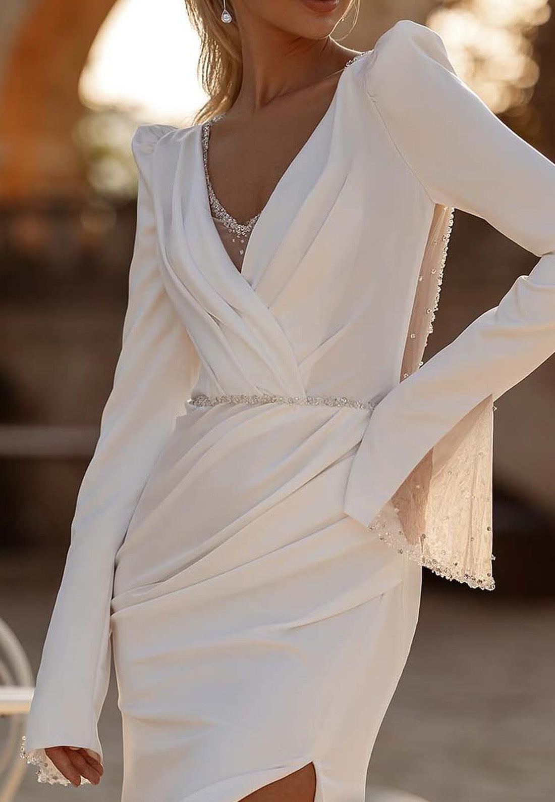 V-Neck Long Sleeves Pleated Side Slit Backless Sheath Beach Wedding Dress