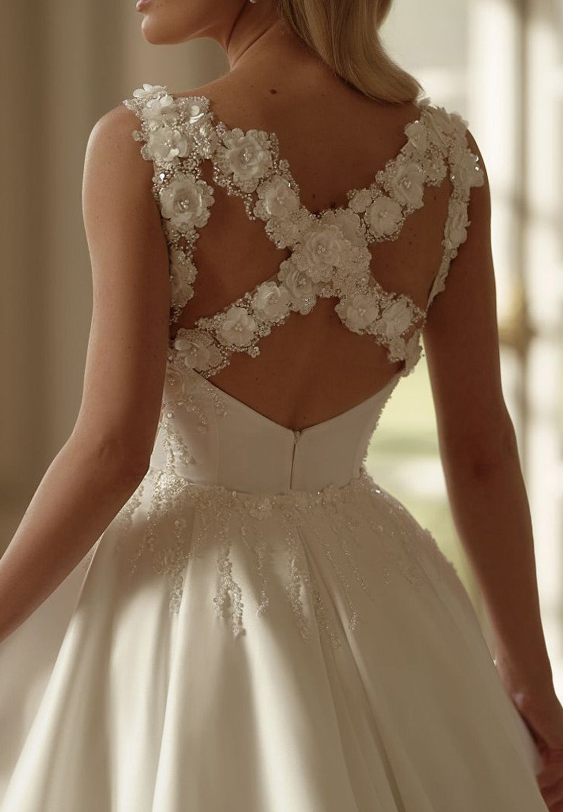 Square Sleeveless Floral Embellished Ruched Beach Wedding Dress