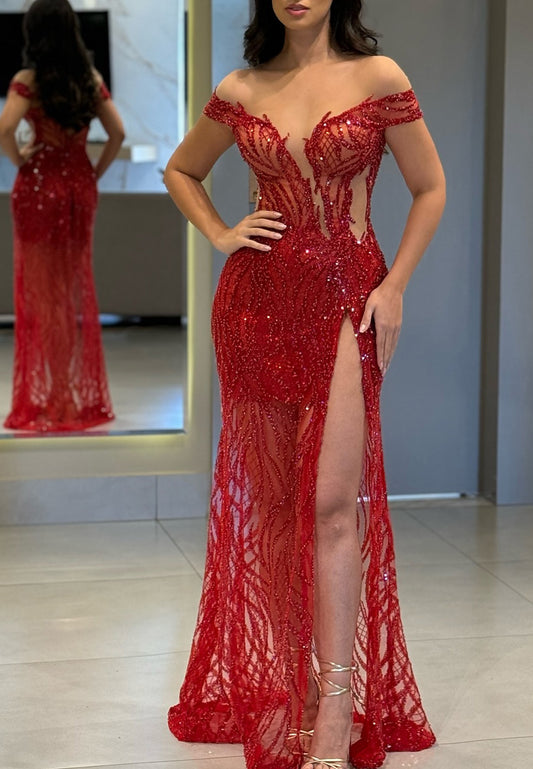 Off-Shoulder Beaded Embroidery Side Slit Sparkly Sheath Prom Dress