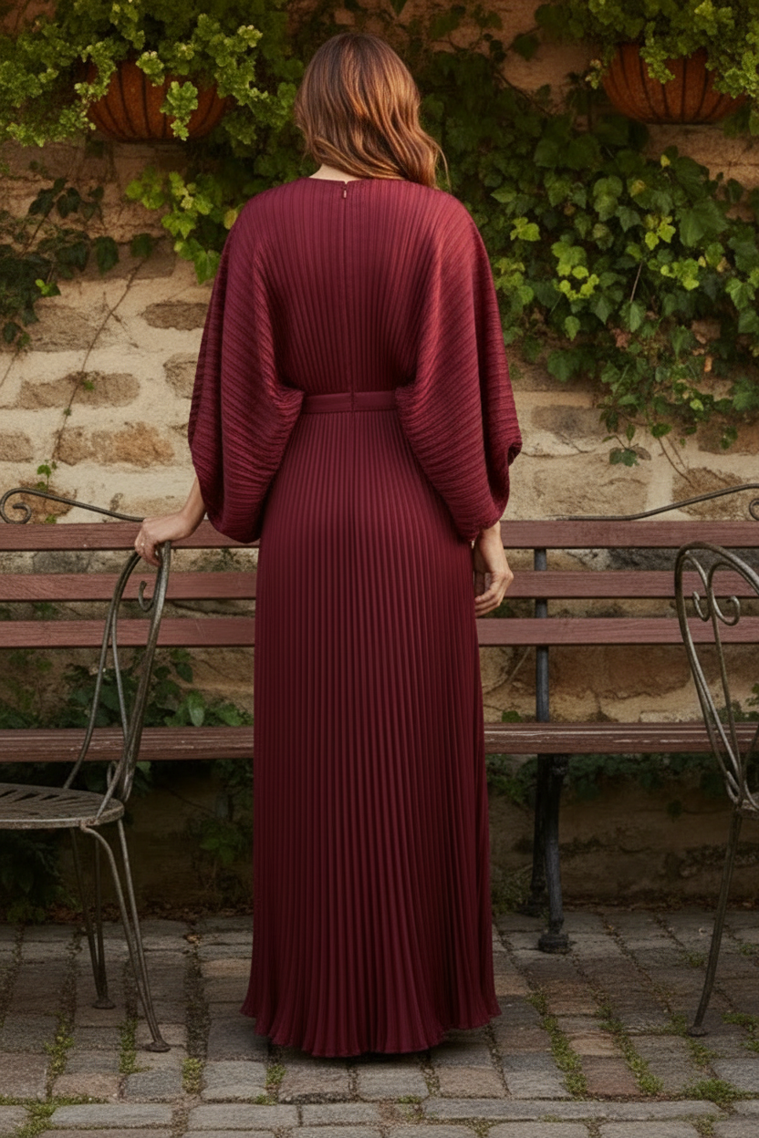 Pleated Satin Gown with Dramatic Bell Sleeves