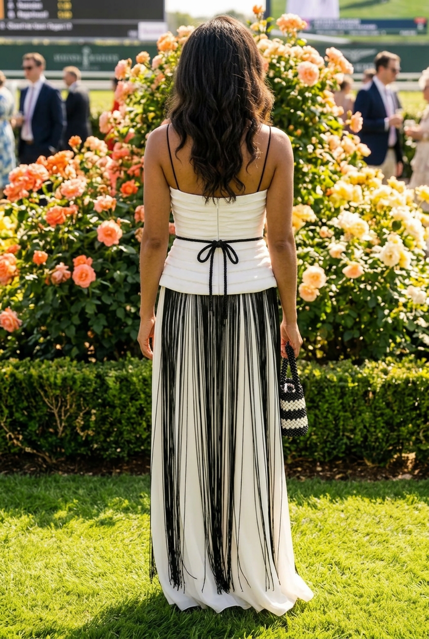 Pleated Peplum Gown with Long Fringe Skirt