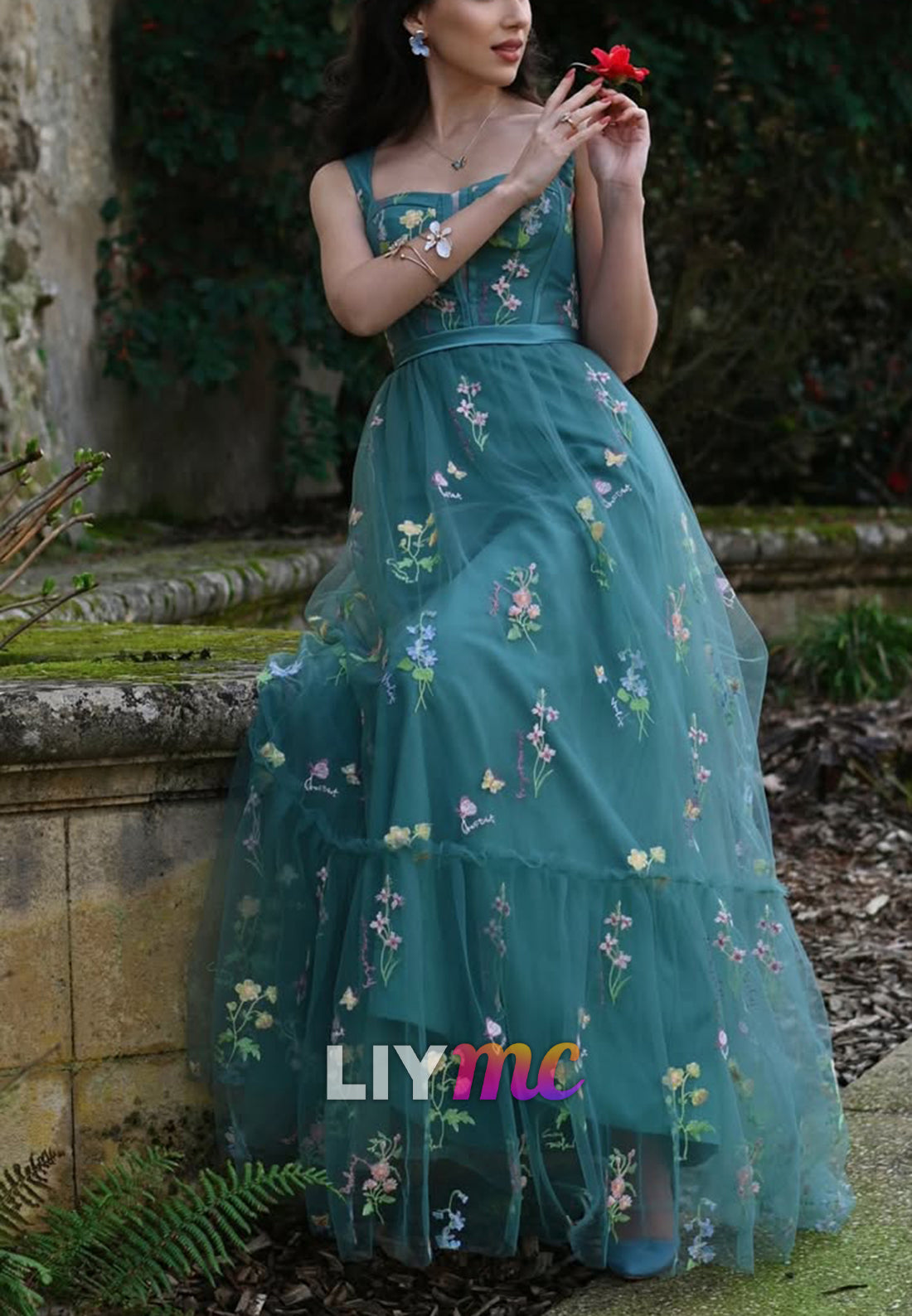 Embroidered Tulle Tiered Maxi Dress with Corset Bodice
