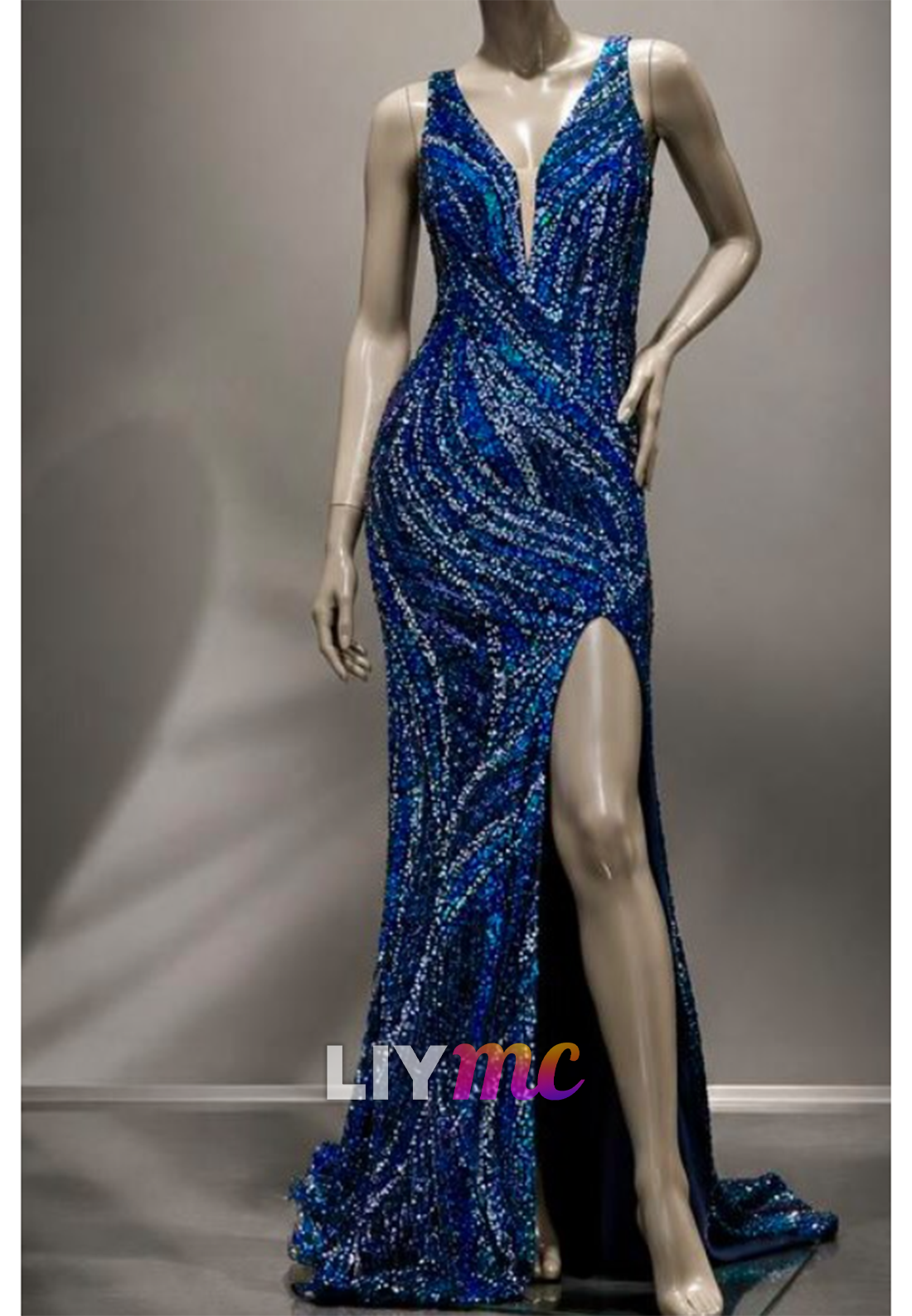 Sequin Mermaid Gown with Deep V Neck and High Slit