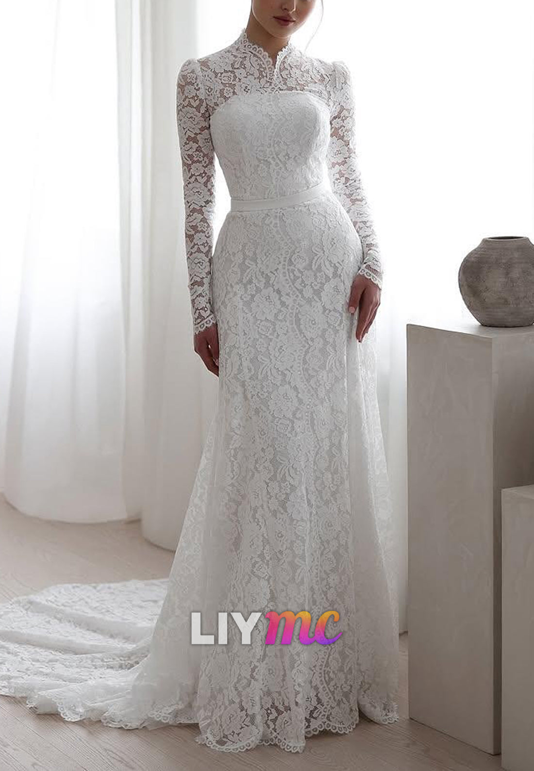 Vintage High Neck Long Sleeve Lace Wedding Dress