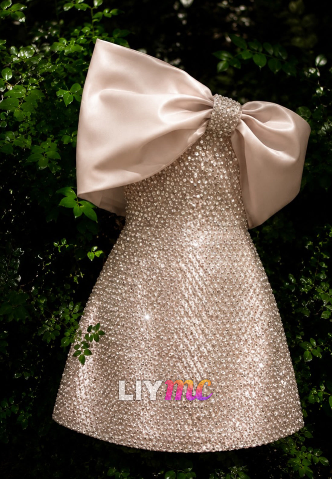 Asymmetrical Beaded Mini Dress with Statement Bow