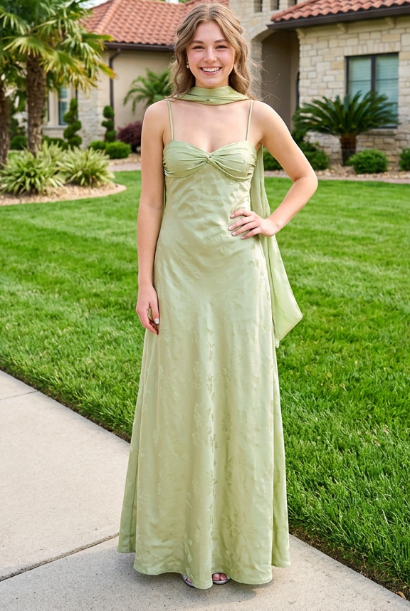 Floral Jacquard Maxi Dress with Matching Scarf