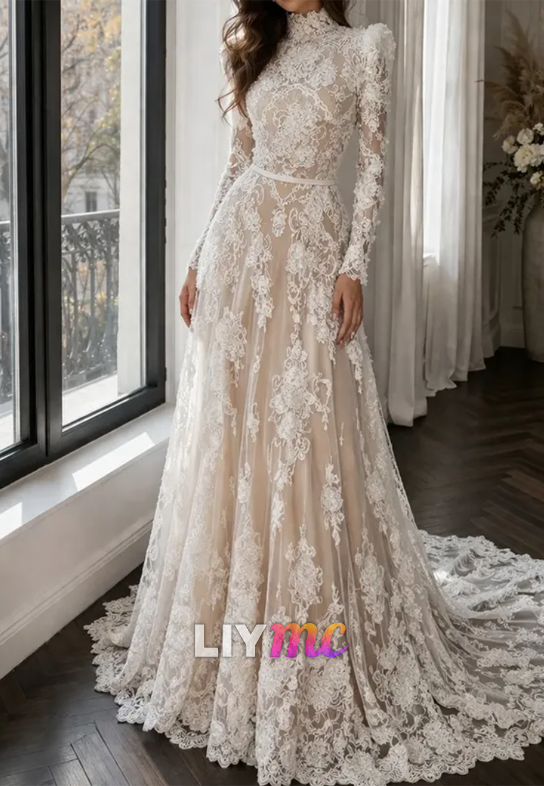 High Neck Lace Long Sleeve A-Line Wedding Dress