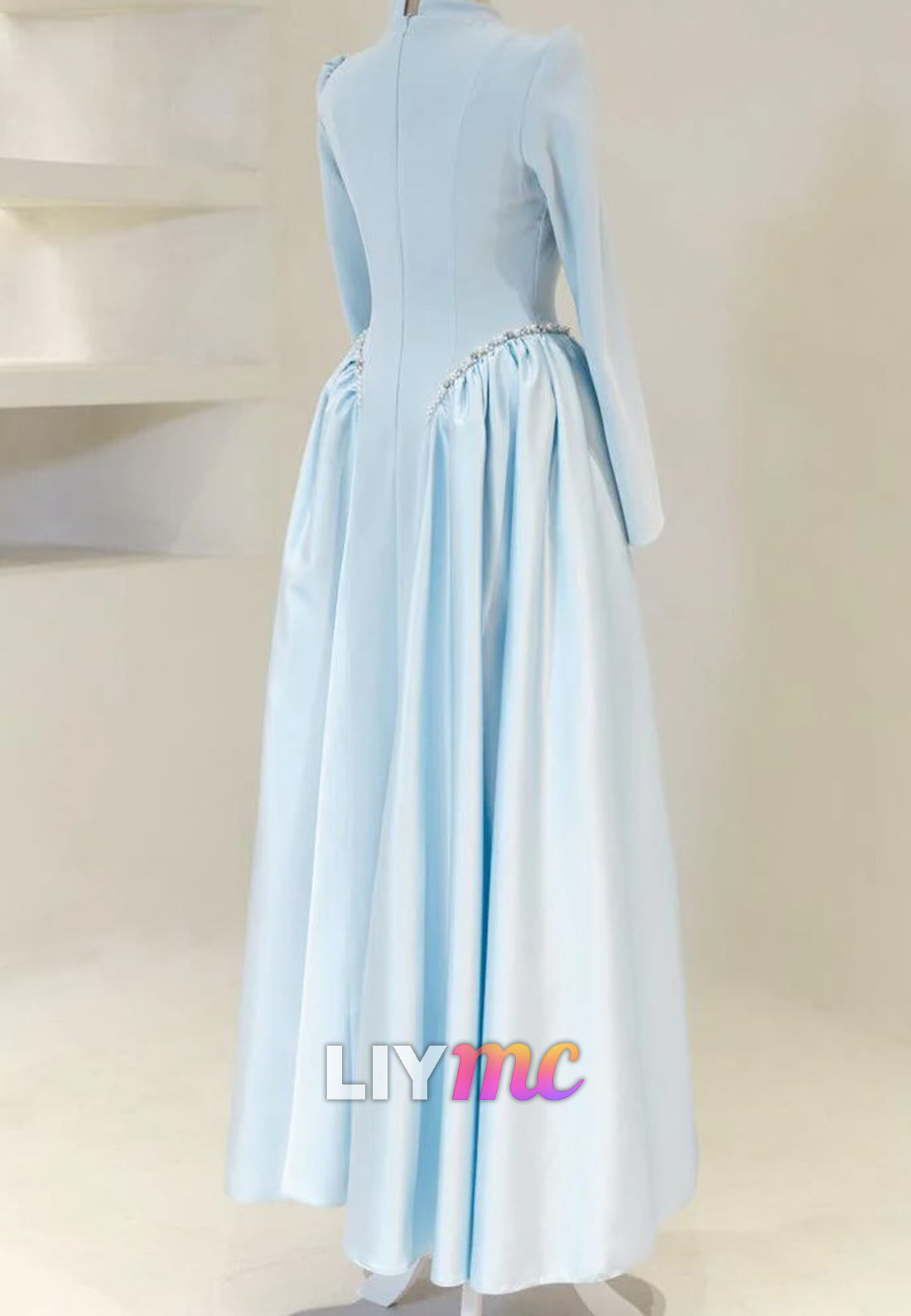 High-Neck Long-Sleeve Evening Gown with Beaded Waist