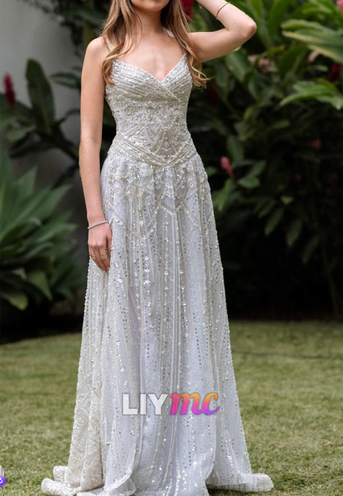 Sequin A-Line Gown with Beaded Wrap Bodice