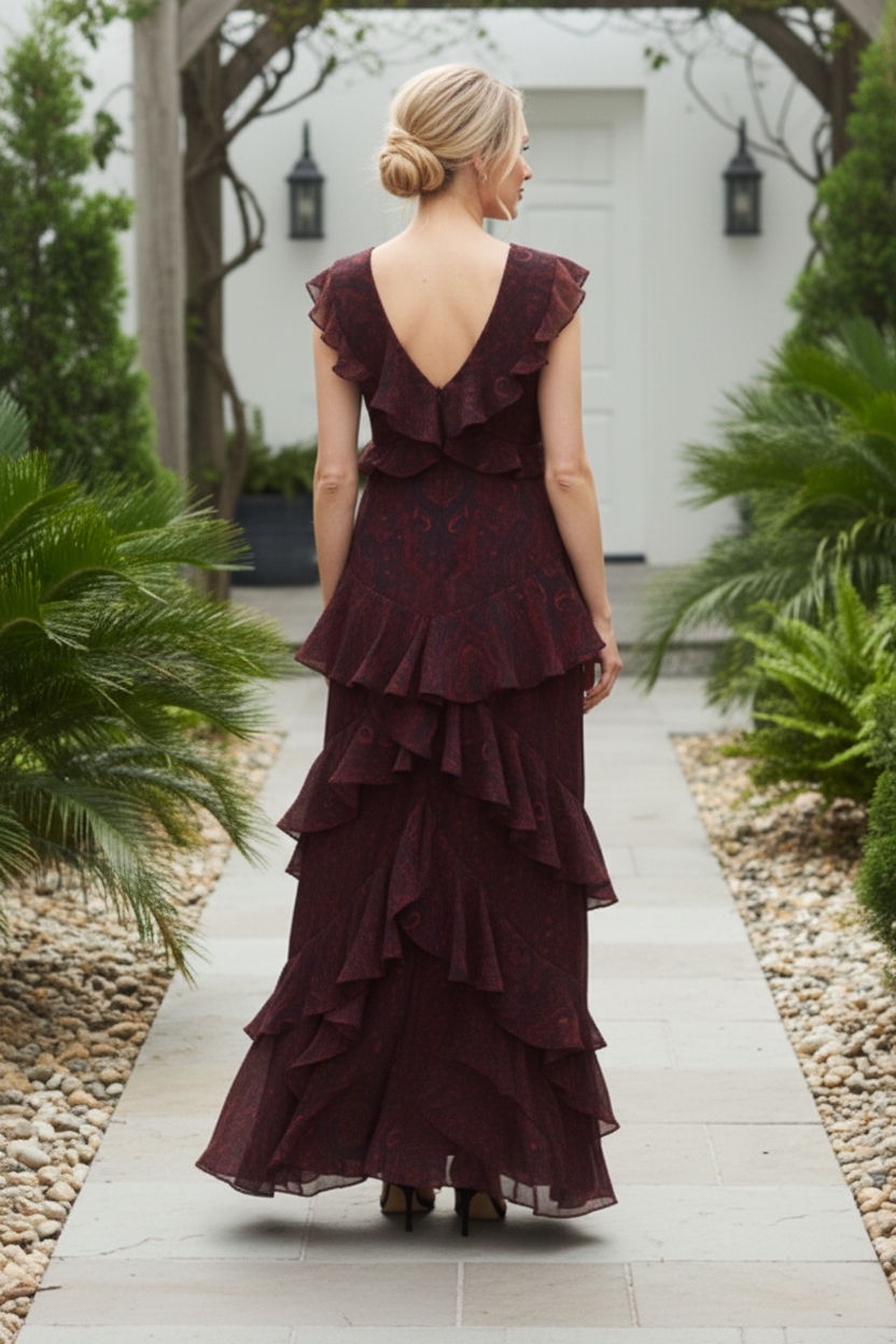Tiered Ruffle Paisley Print Maxi Dress with V-Neck