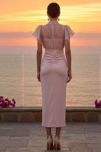 Flutter Sleeve Sheer Bodice Midi Dress with Slit