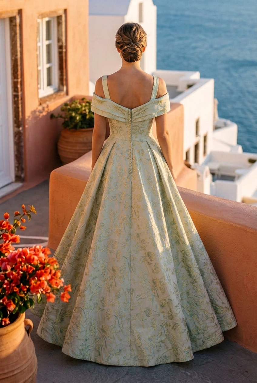 Brocade A-Line Gown with Draped Neckline