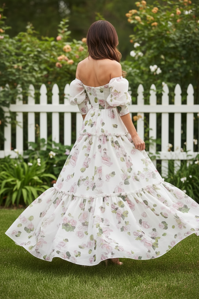 Off-The-Shoulder Floral Organza Tiered Gown