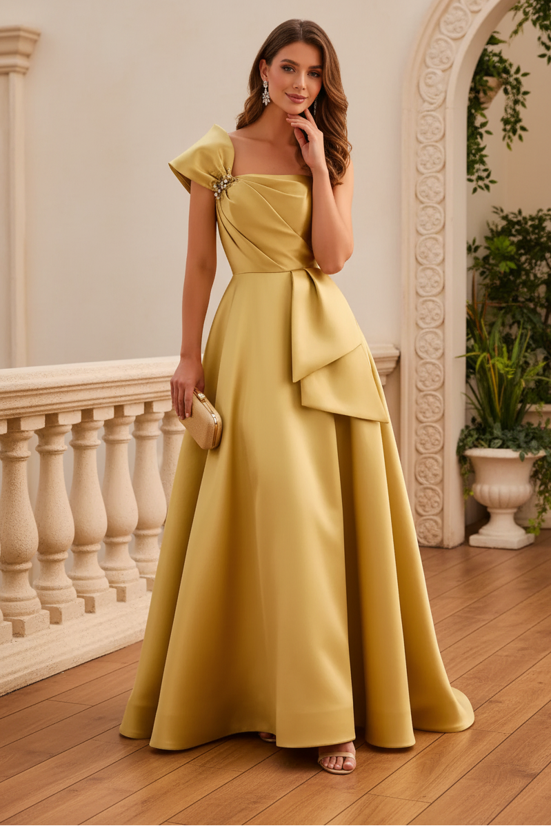 One-Shoulder Satin Ball Gown with Bow