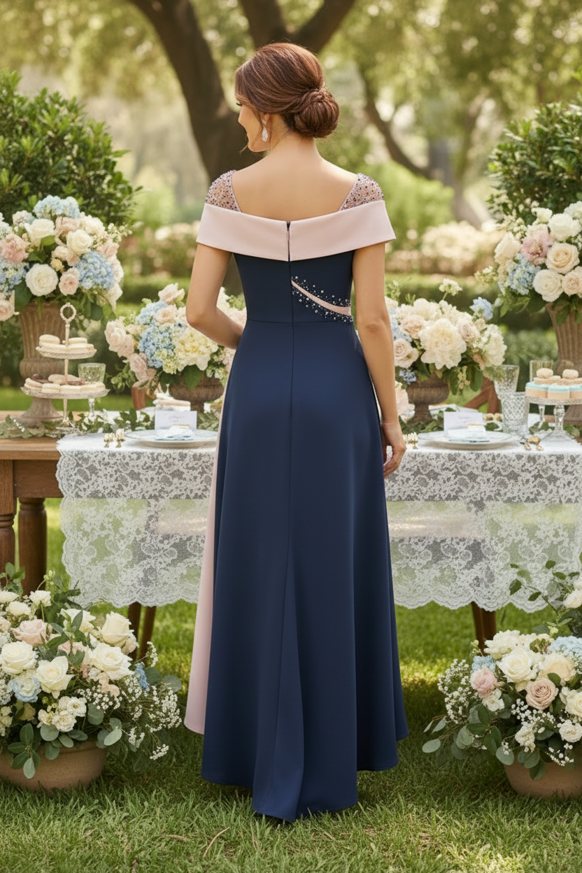 Asymmetrical Two-Tone Midi Dress with 3D Flower