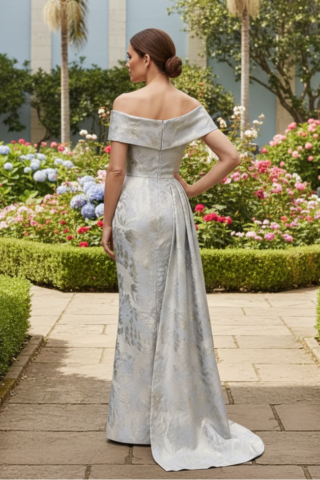 Off-the-Shoulder Jacquard Gown with Draped Overskirt