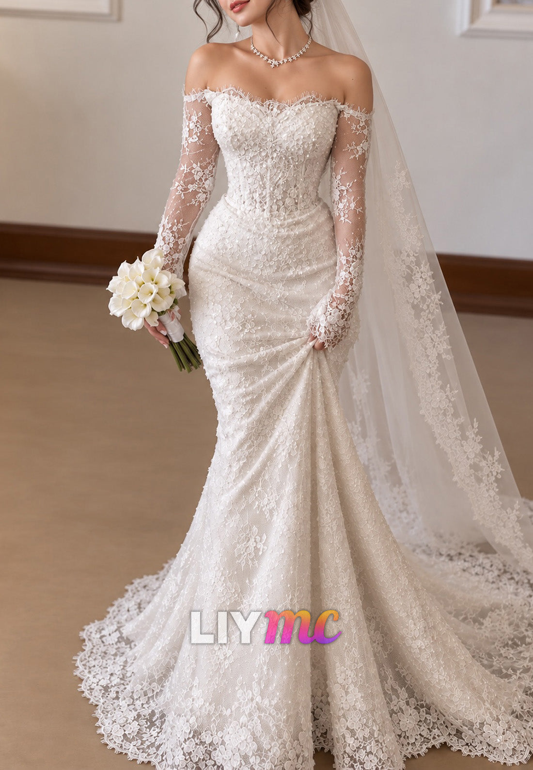 Lace Off-the-Shoulder Long Sleeve Mermaid Gown