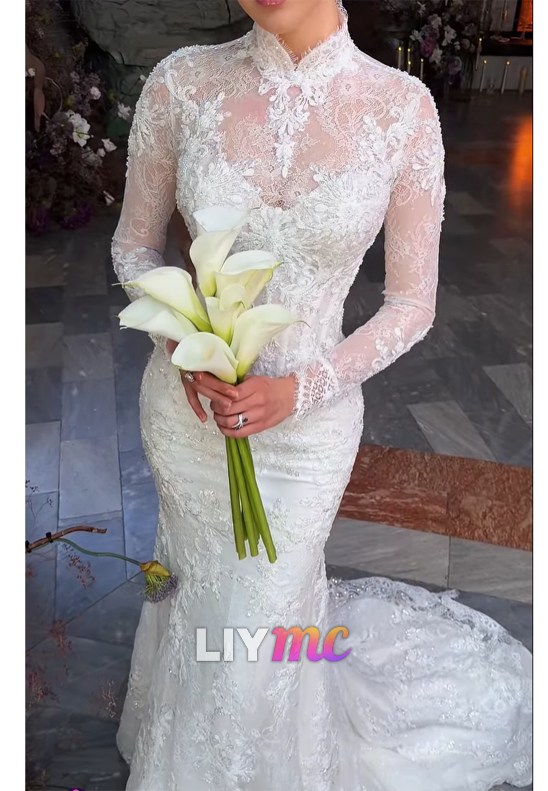 High Neck Lace Mermaid Wedding Dress with Long Sleeves