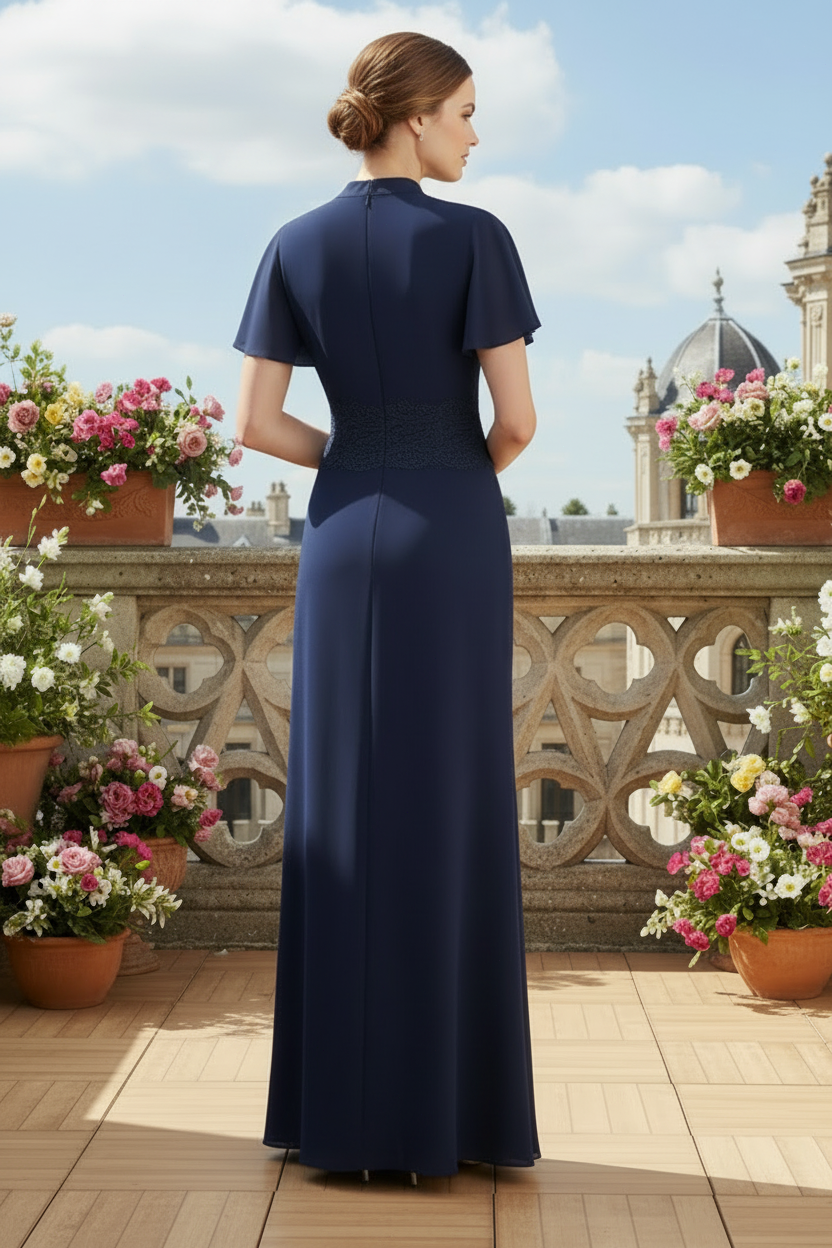 V-Neck Flutter Sleeve Column Gown with Beaded Waist