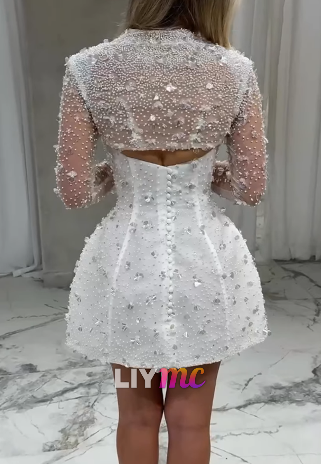 Pearl Beaded Mini Dress with Sheer Bolero Jacket