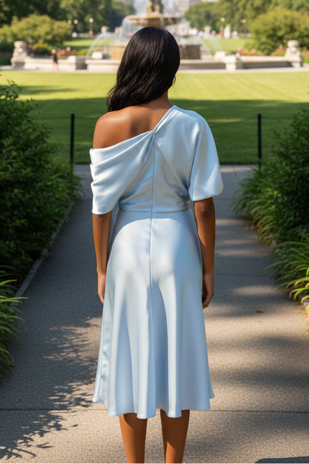 Draped One-Shoulder Satin Midi Dress