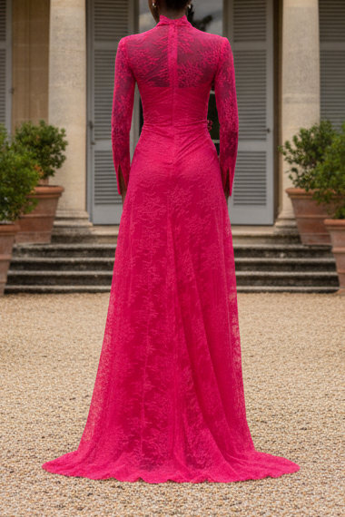 High Neck Lace Gown with Slit & Crystal Brooches