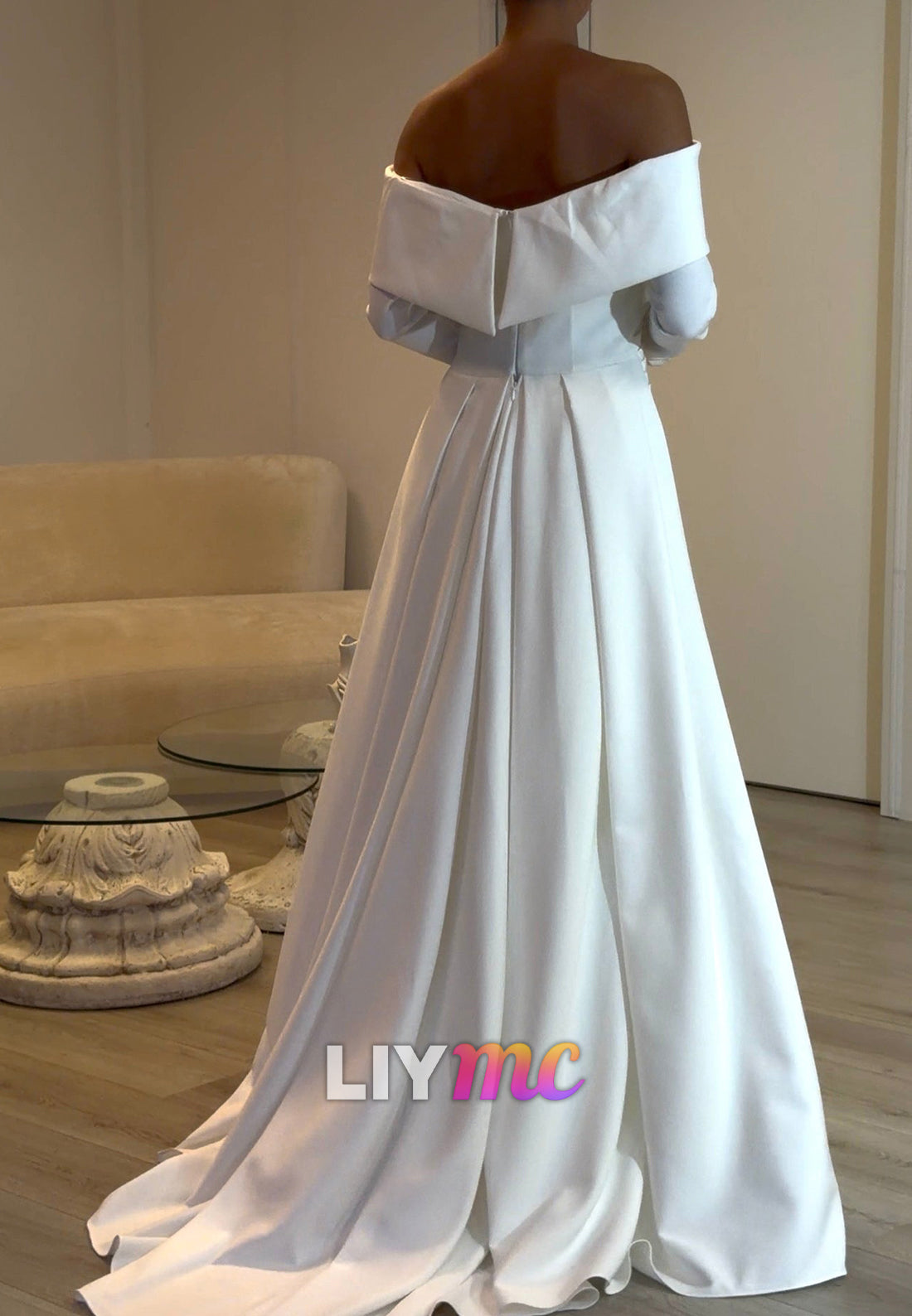 Off-the-Shoulder Pleated Gown with Train