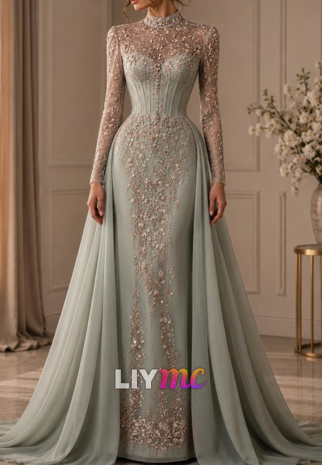 Beaded High Neck Sheath Gown with Detachable Overskirt
