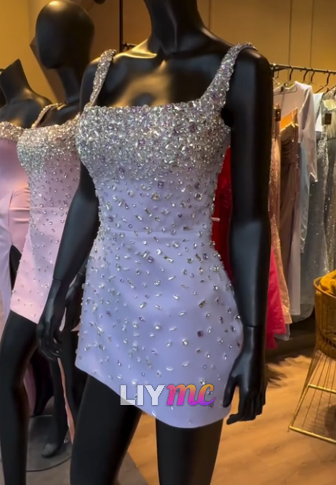 Crystal Beaded Square Neck Bodycon Mini Dress