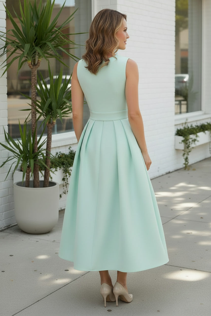 Sleeveless Bateau Pleated Tea-Length A-Line Dress