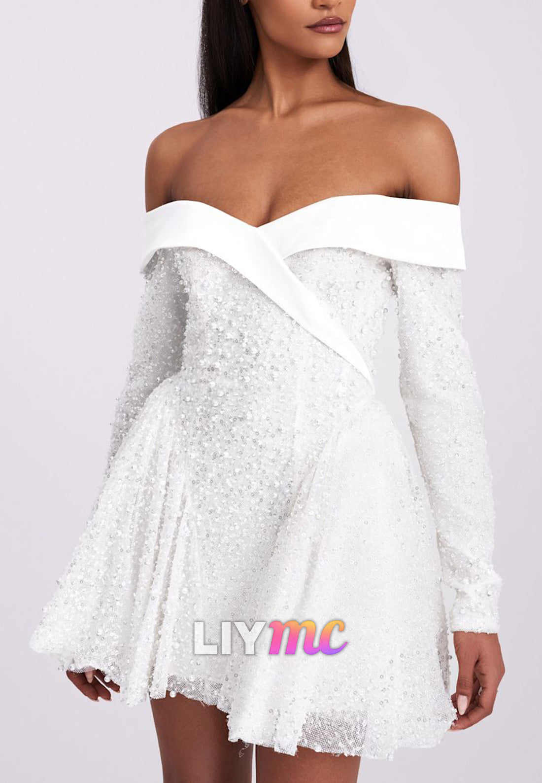 Off-The-Shoulder Pearl Beaded A-Line Mini Dress