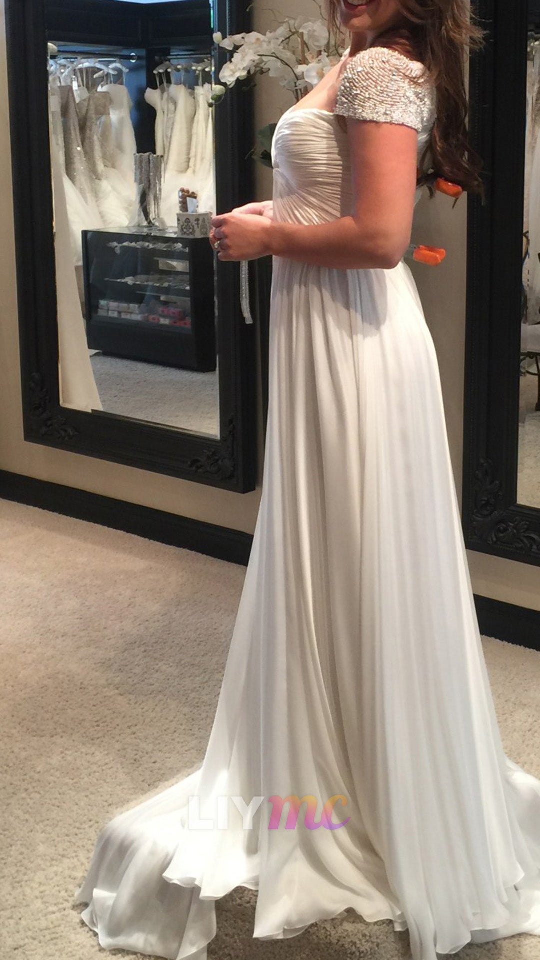 Ruched Chiffon Wedding Gown with Beaded Sleeves