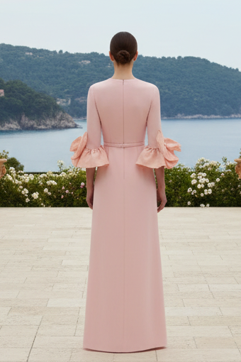 A-Line Maxi Dress with Ruffle Cuffs and Crystal Belt