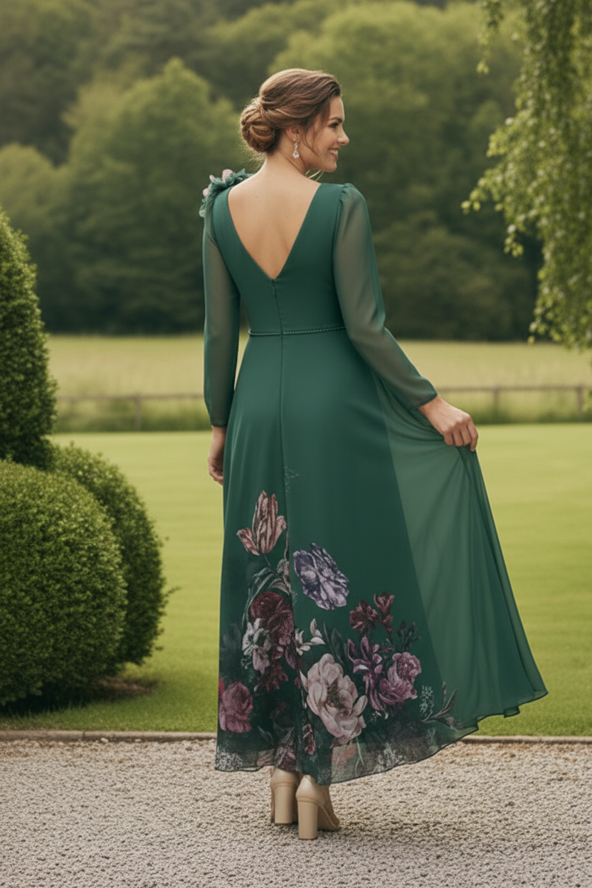 Floral Print A-Line Midi Dress with 3D Flower Accent