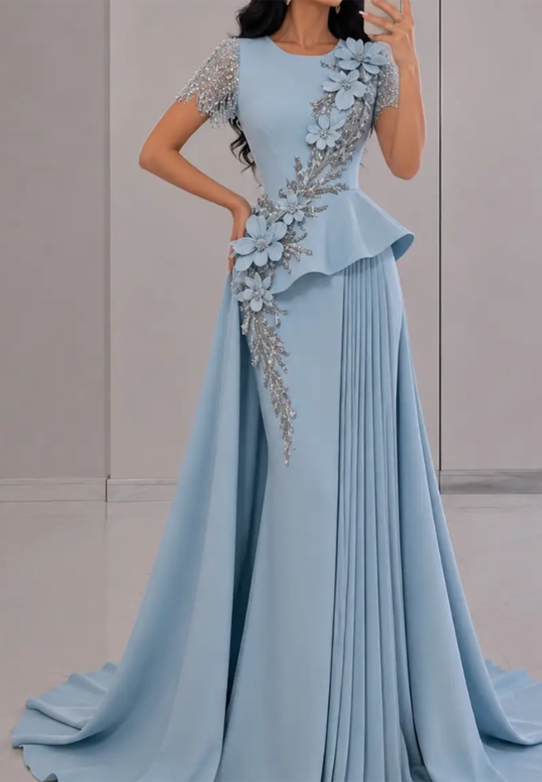 3D Floral Applique Column Gown with Beaded Fringe Sleeves