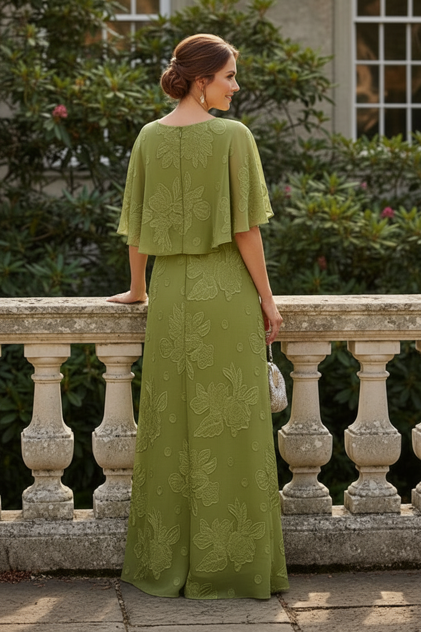 Embroidered Capelet Tiered A-Line Gown