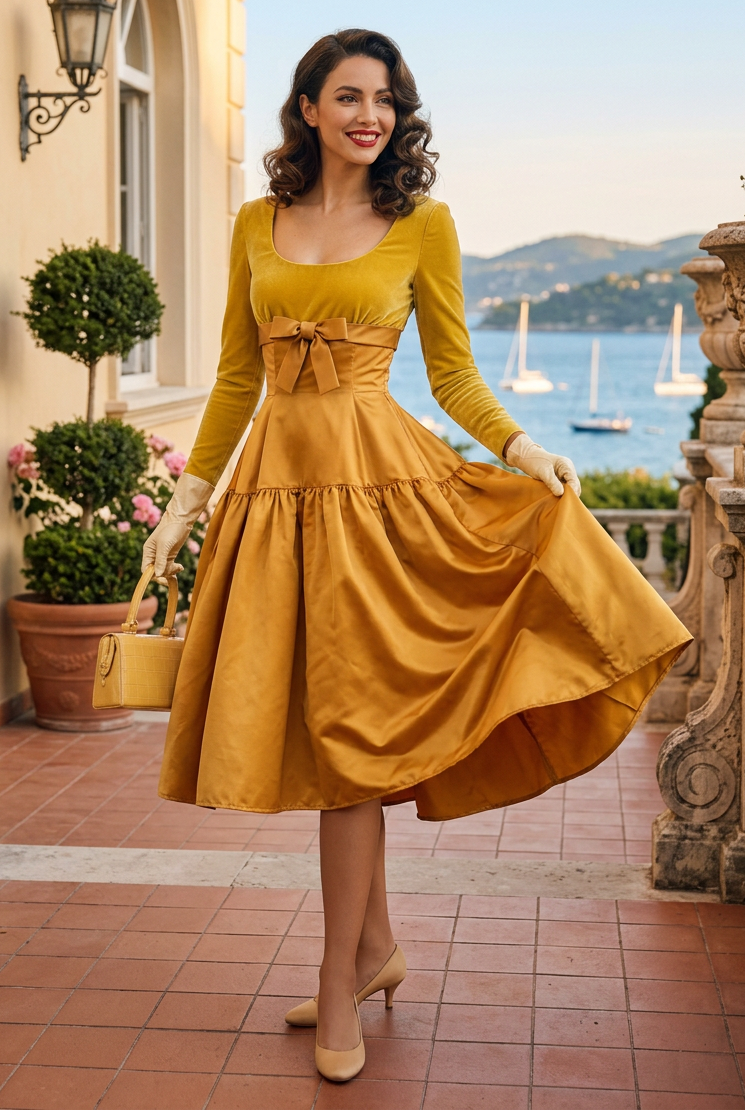 Velvet & Satin Midi Dress with Bow Waist